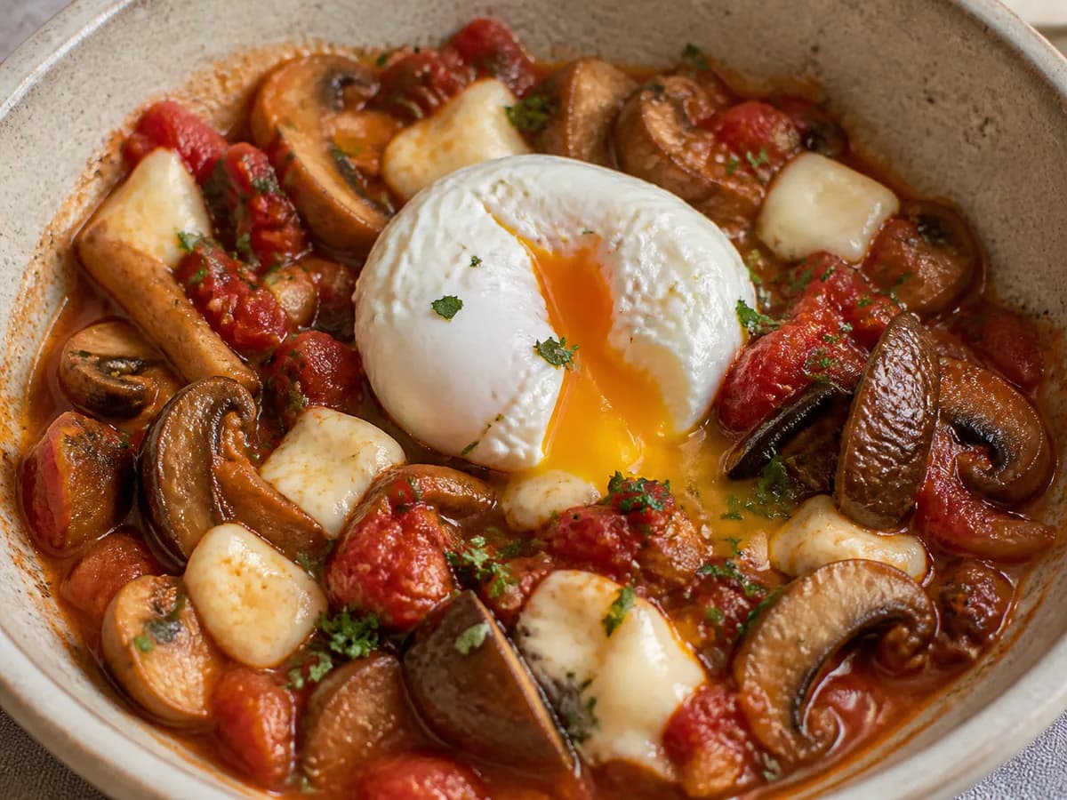 Pormenor de uma porção de Estufado de Cogumelos, Tomate e Mozzarella com Ovo Escalfado