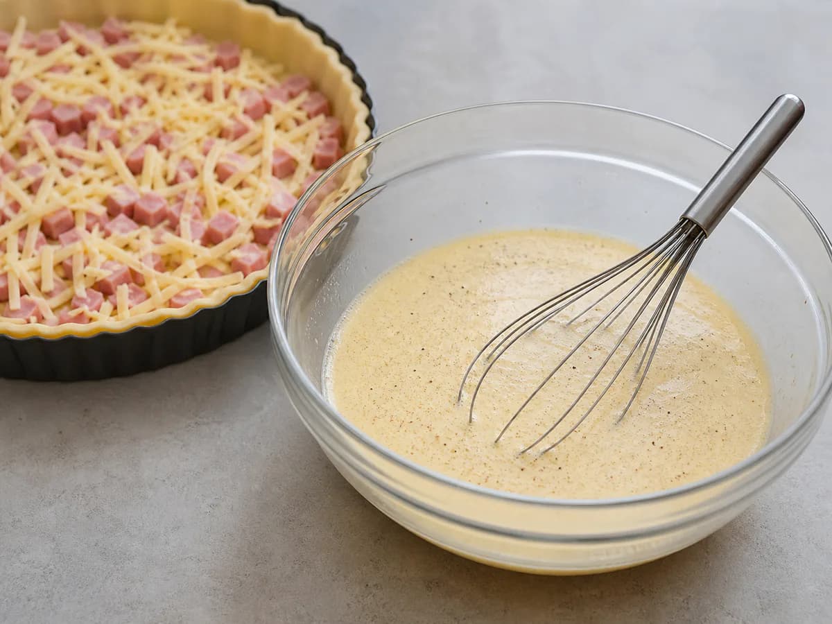 Preparação de Quiche de Fiambre e Queijo durante a confeção