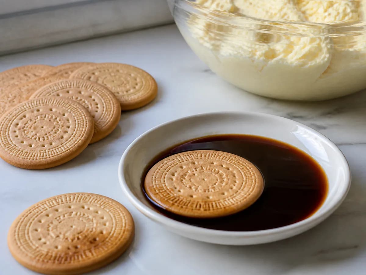 Preparação de Bolo de Bolacha com Creme Leve de Manteiga durante a confeção
