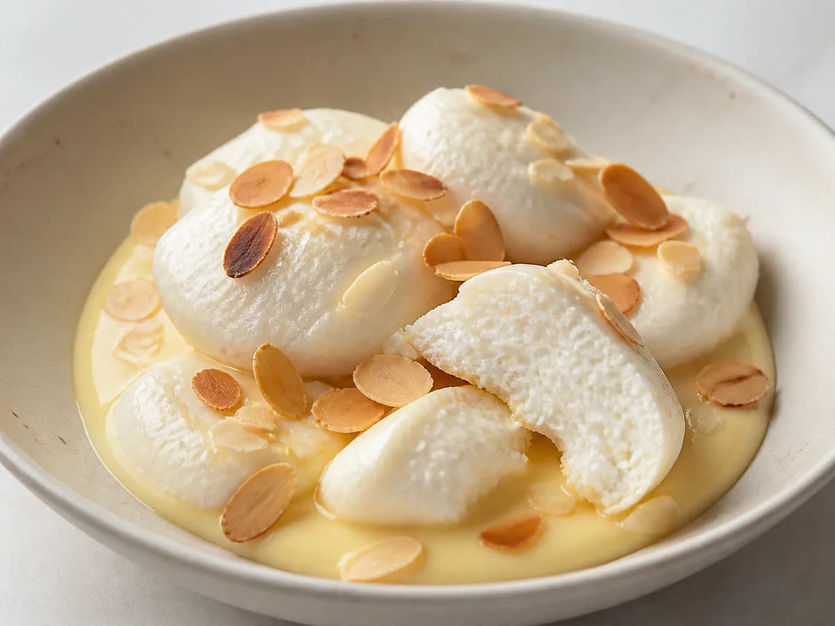 Pormenor de uma porção de Farofias com Creme de Baunilha e Amêndoa
