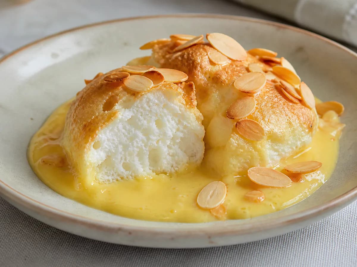 Pormenor de uma porção de Farofias no Forno com Creme de Ovos e Amêndoa