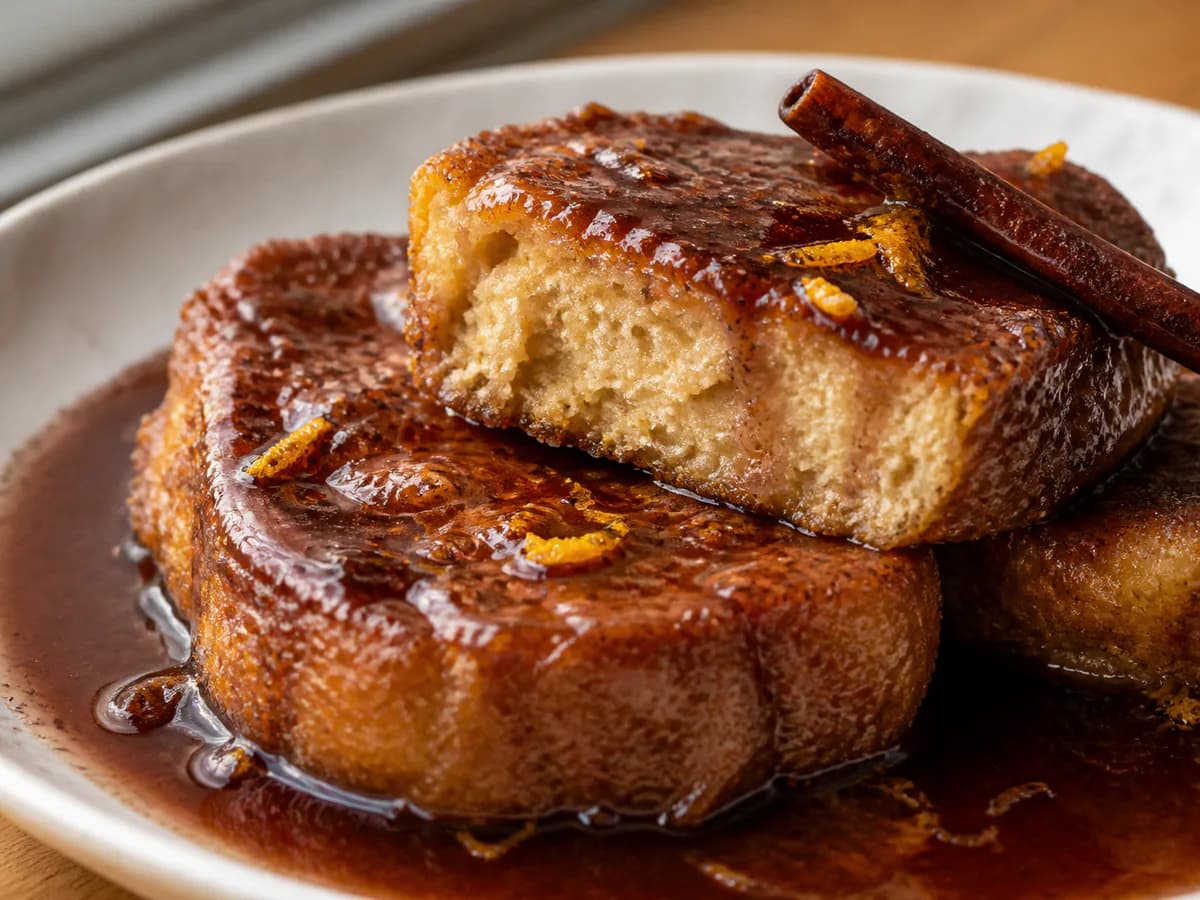 Pormenor de uma porção de Fatias Douradas com Calda de Vinho do Porto