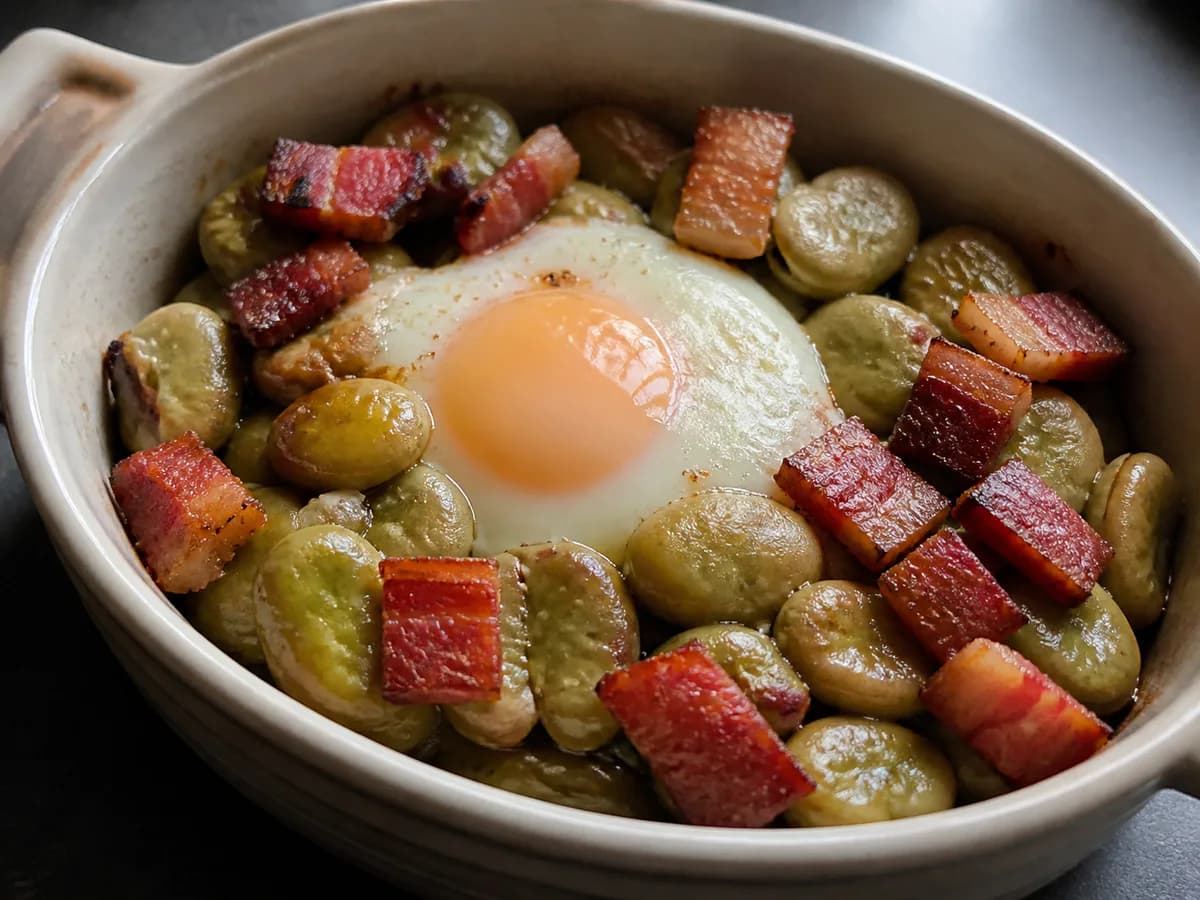 Pormenor de uma porção de Favas com Bacon e Ovo no Forno