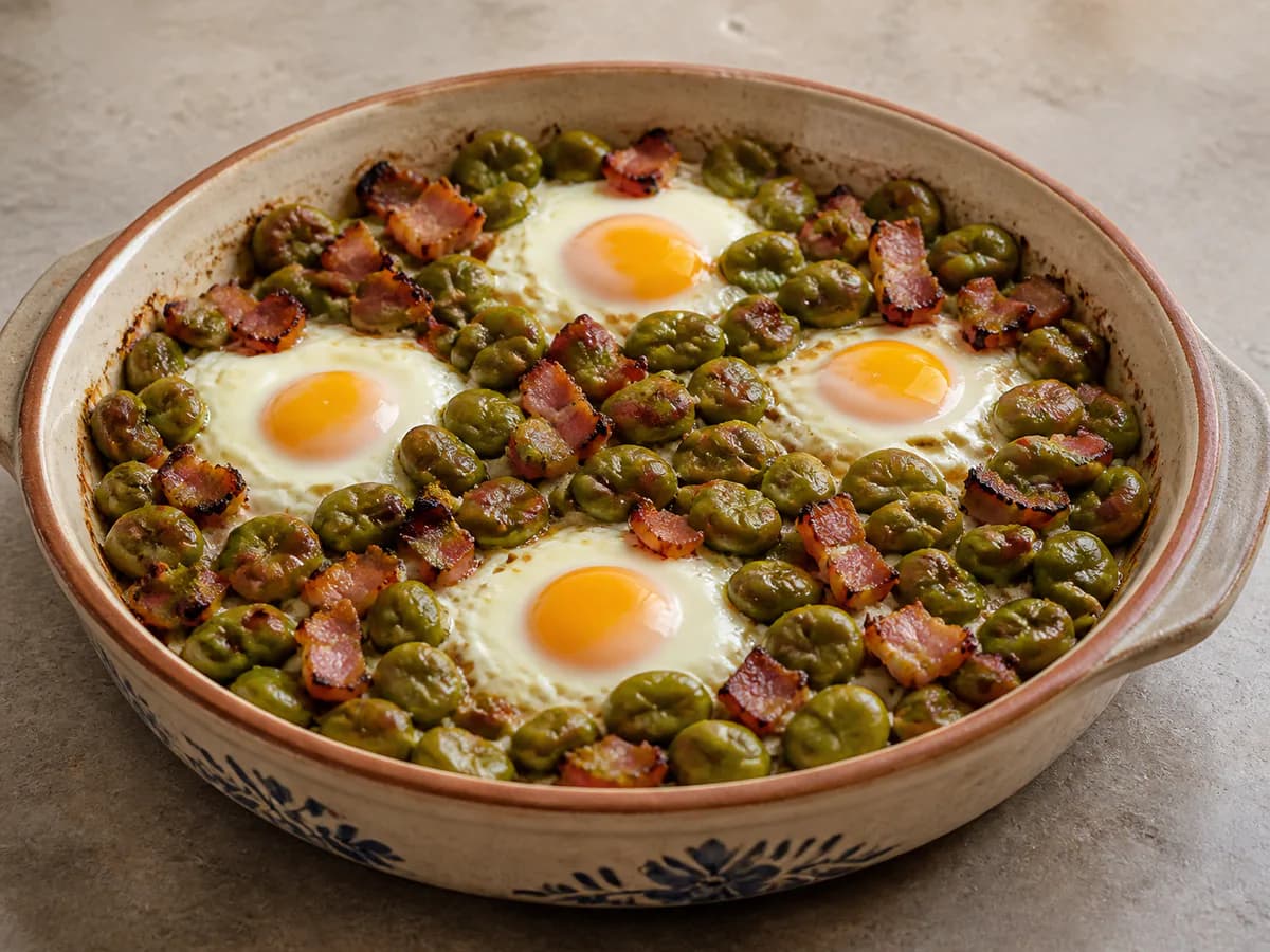 Favas com Bacon e Ovo no Forno