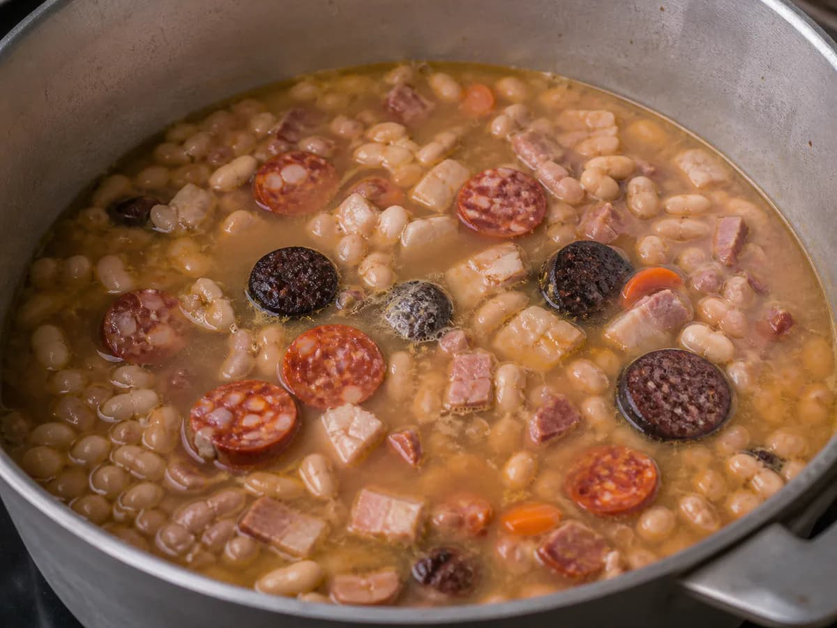 Preparação de Feijoada Algarvia à Moda Antiga durante a confeção