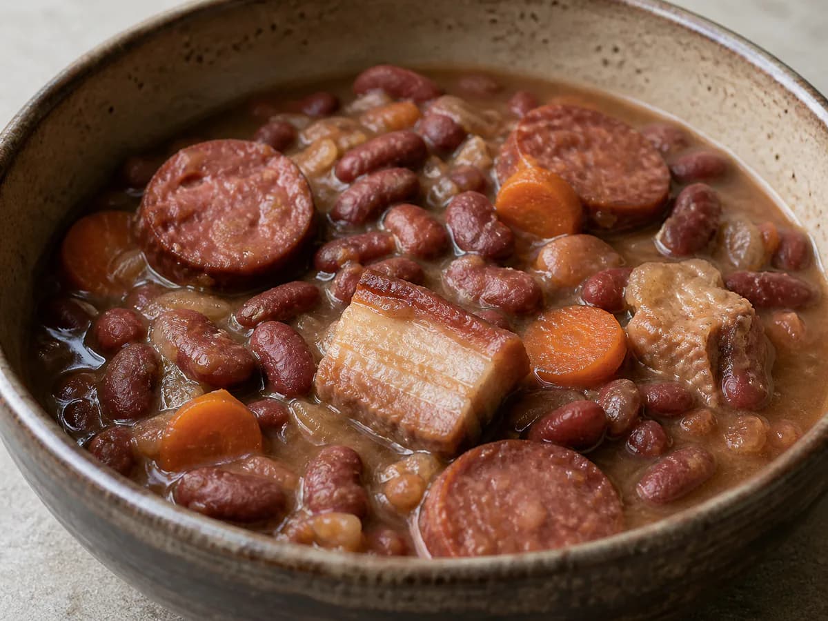 Pormenor de uma porção de Feijoada de Feijão Encarnado com Enchidos