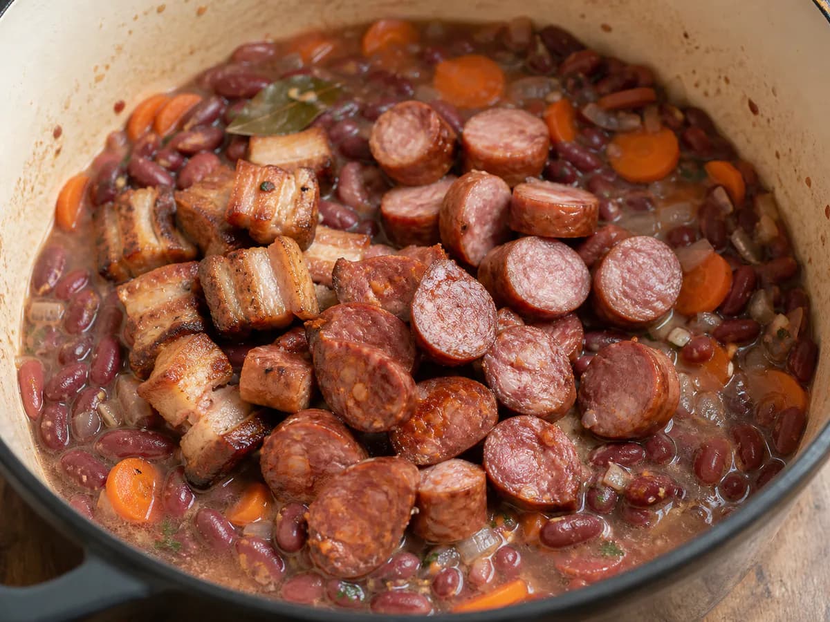 Preparação de Feijoada de Feijão Encarnado com Enchidos durante a confeção