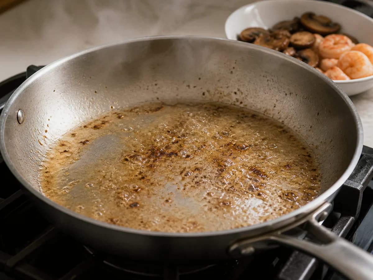 Preparação de Fettuccine com Camarão, Cogumelos e Tomate Seco durante a confeção