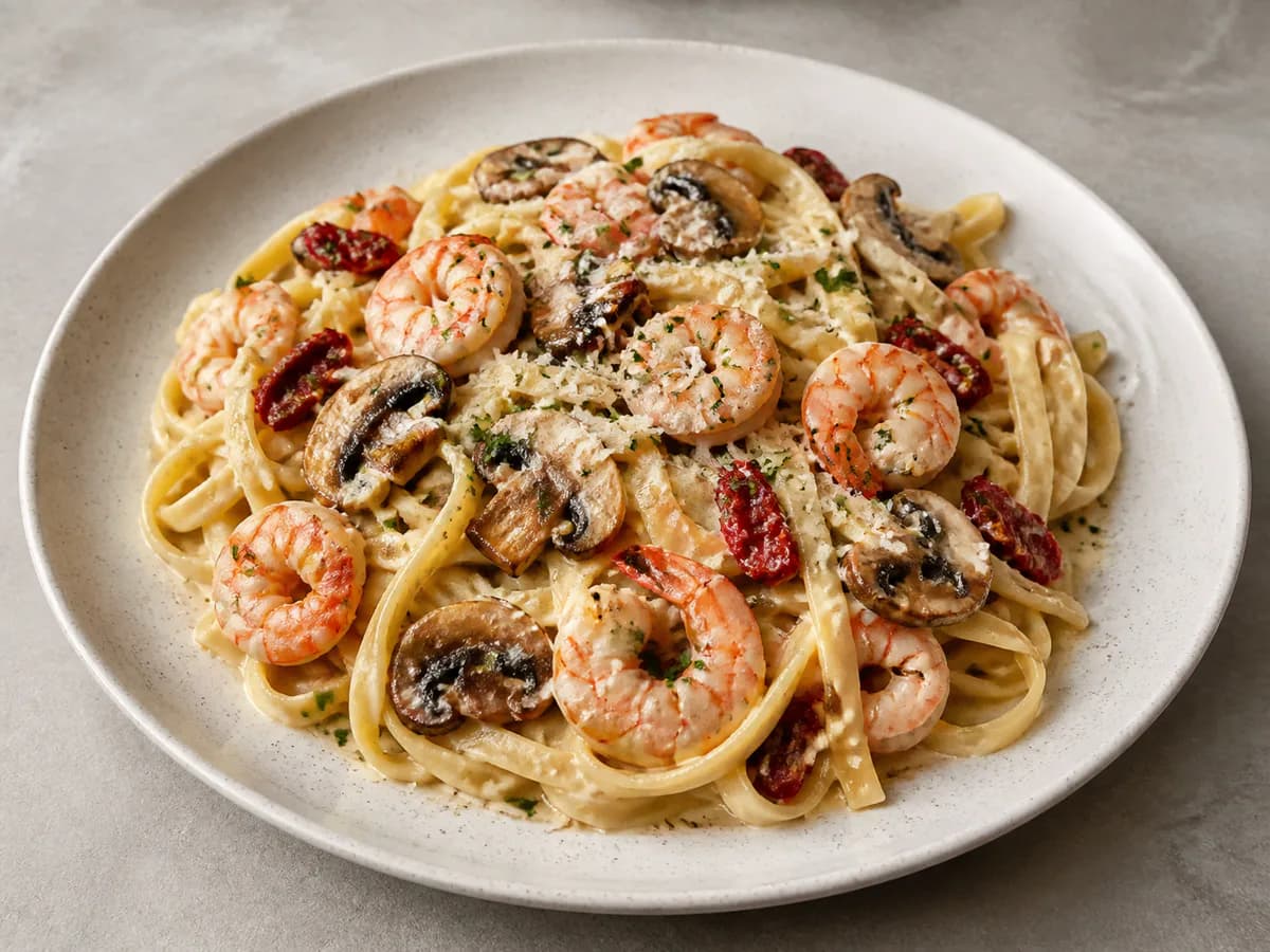 Fettuccine com Camarão, Cogumelos e Tomate Seco