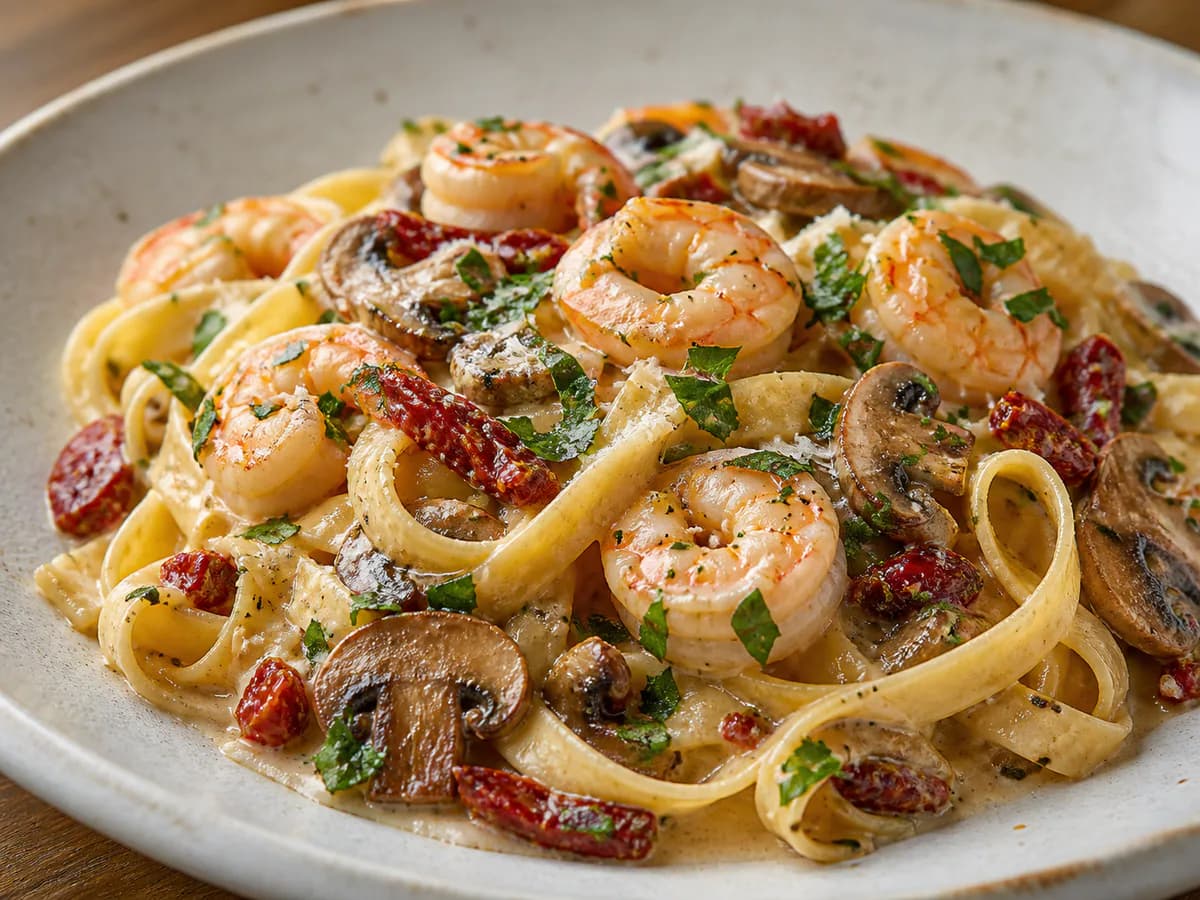 Pormenor de uma porção de Fettuccine com Camarão, Cogumelos e Tomate Seco