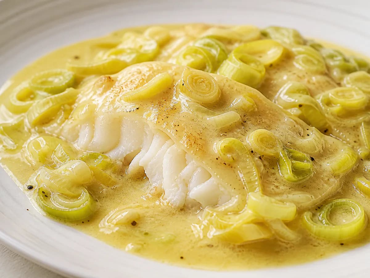 Pormenor de uma porção de Filetes de Linguado com Alho Francês