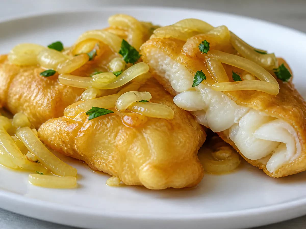 Pormenor de uma porção de Filetes de Peixe em Polme Acebolado