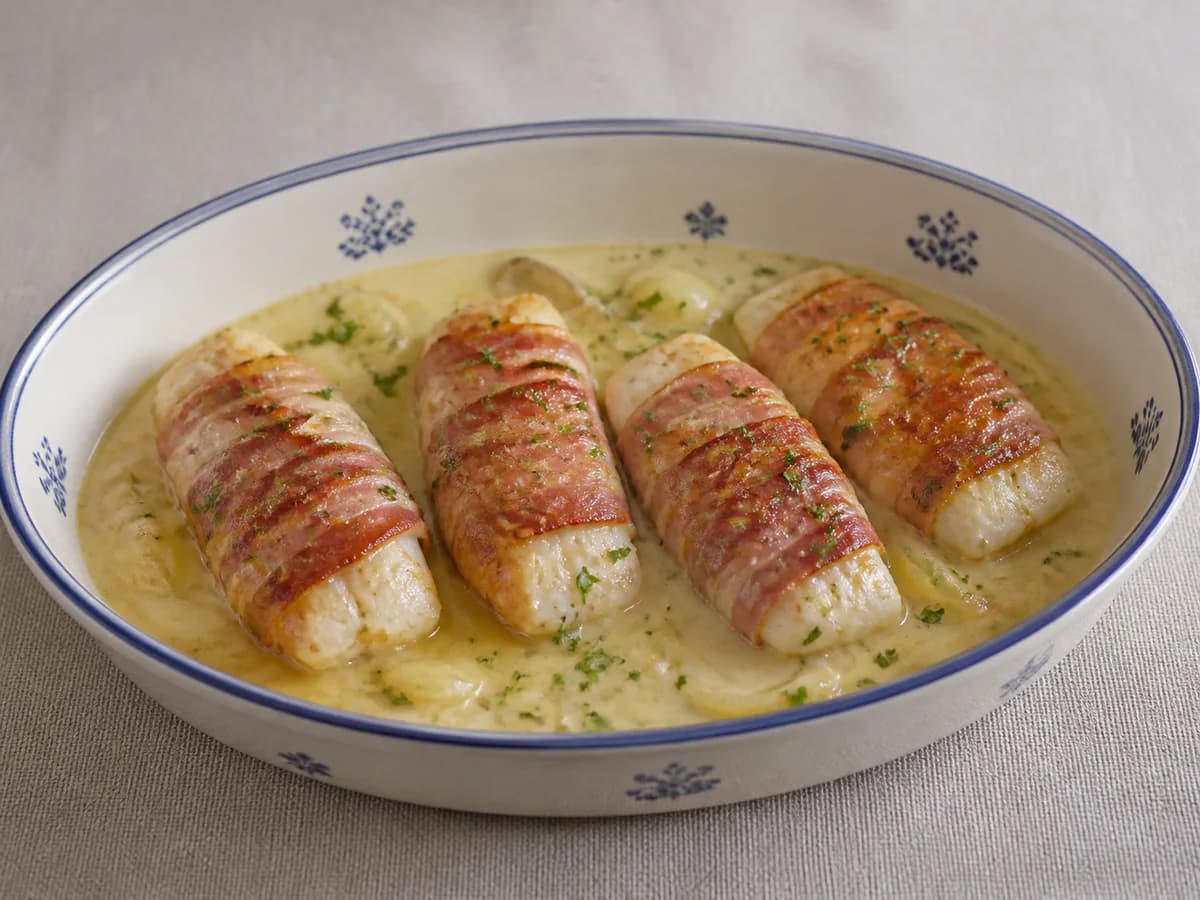 Filetes de Pescada com Bacon em Molho Cremoso