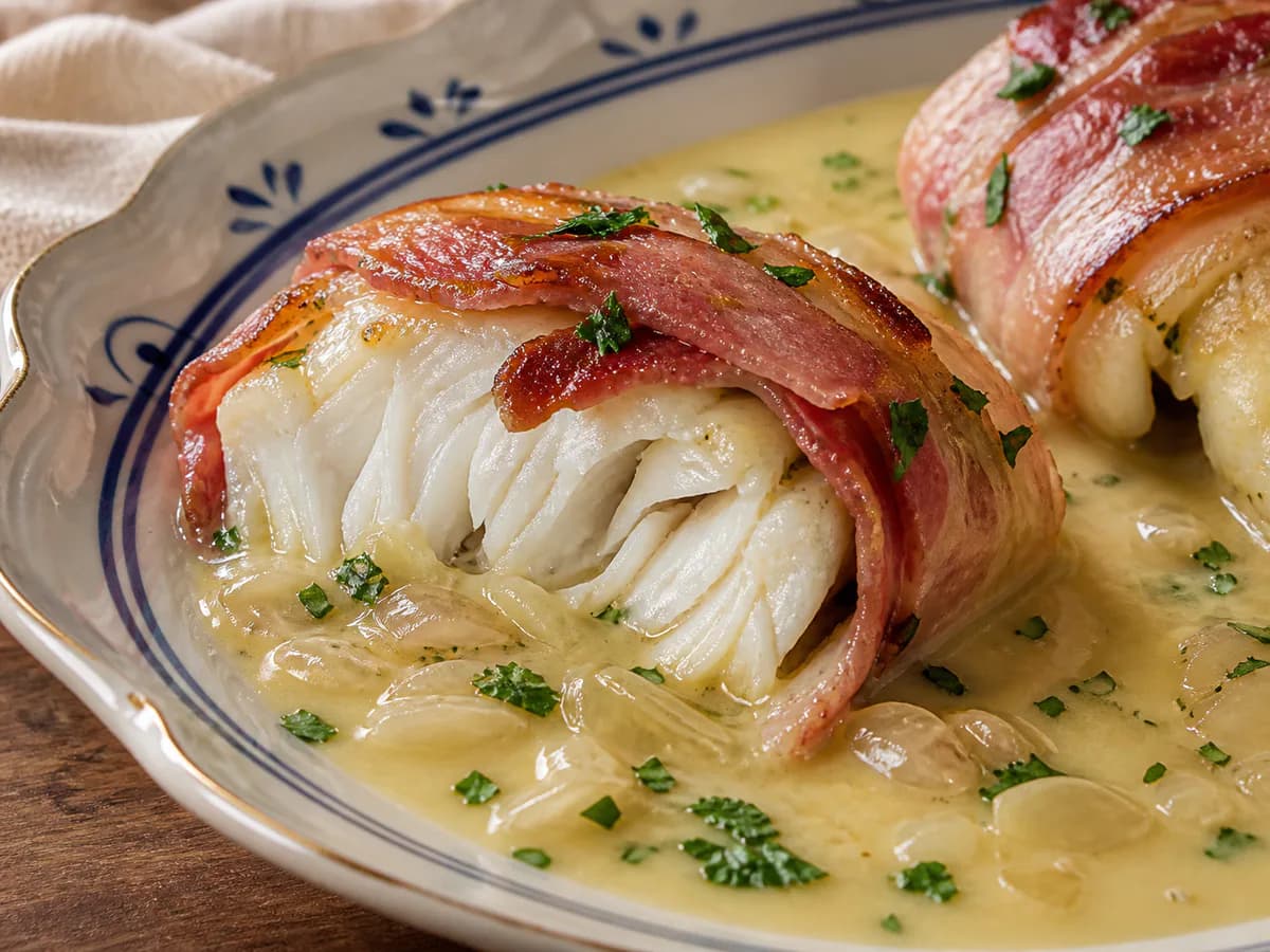 Pormenor de uma porção de Filetes de Pescada com Bacon em Molho Cremoso