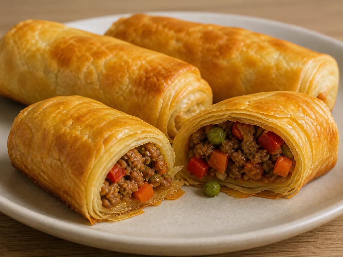 Pormenor de uma porção de Rolinhos de Massa Folhada com Carne Picada