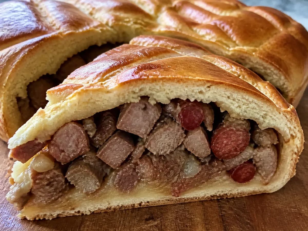 Pormenor de uma porção de Folar de Carnes à Transmontana