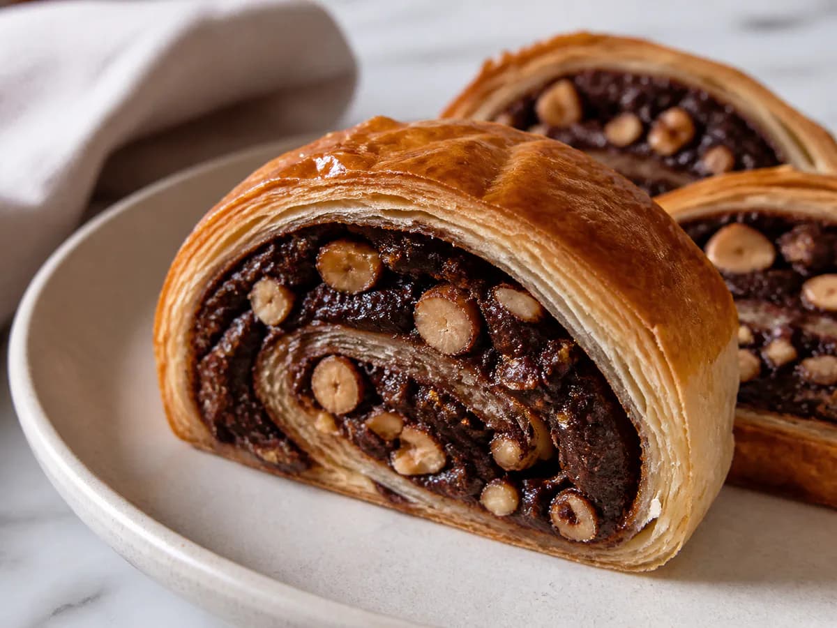 Pormenor de uma porção de Folhado de Chocolate e Avelãs