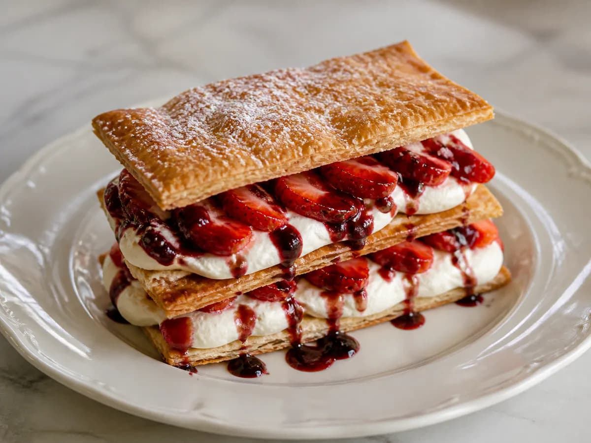 Folhado de Morangos e Chantilly com Coulis de Frutos Silvestres