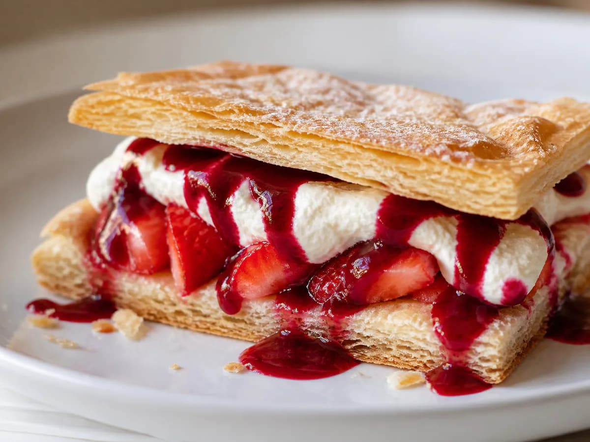 Pormenor de uma porção de Folhado de Morangos e Chantilly com Coulis de Frutos Silvestres