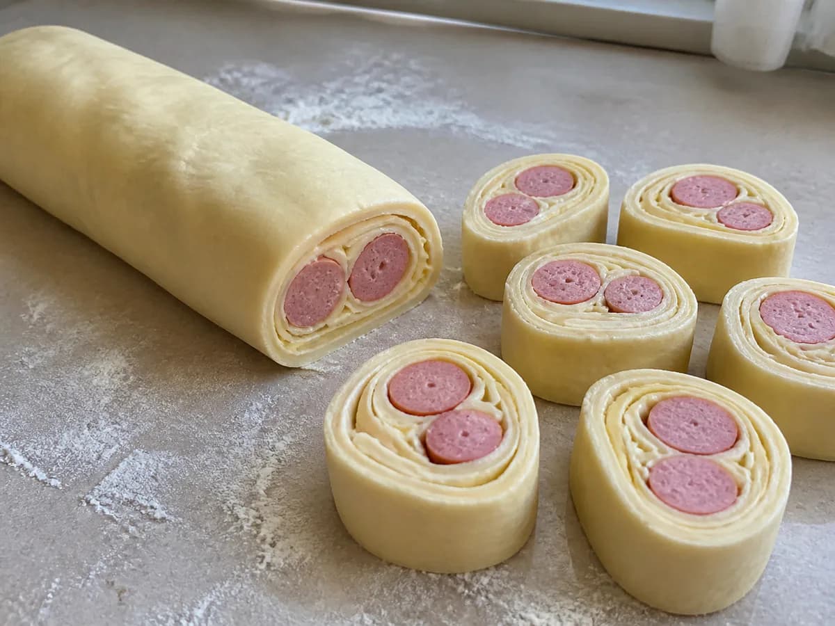Preparação de Folhados de Salsicha durante a confeção