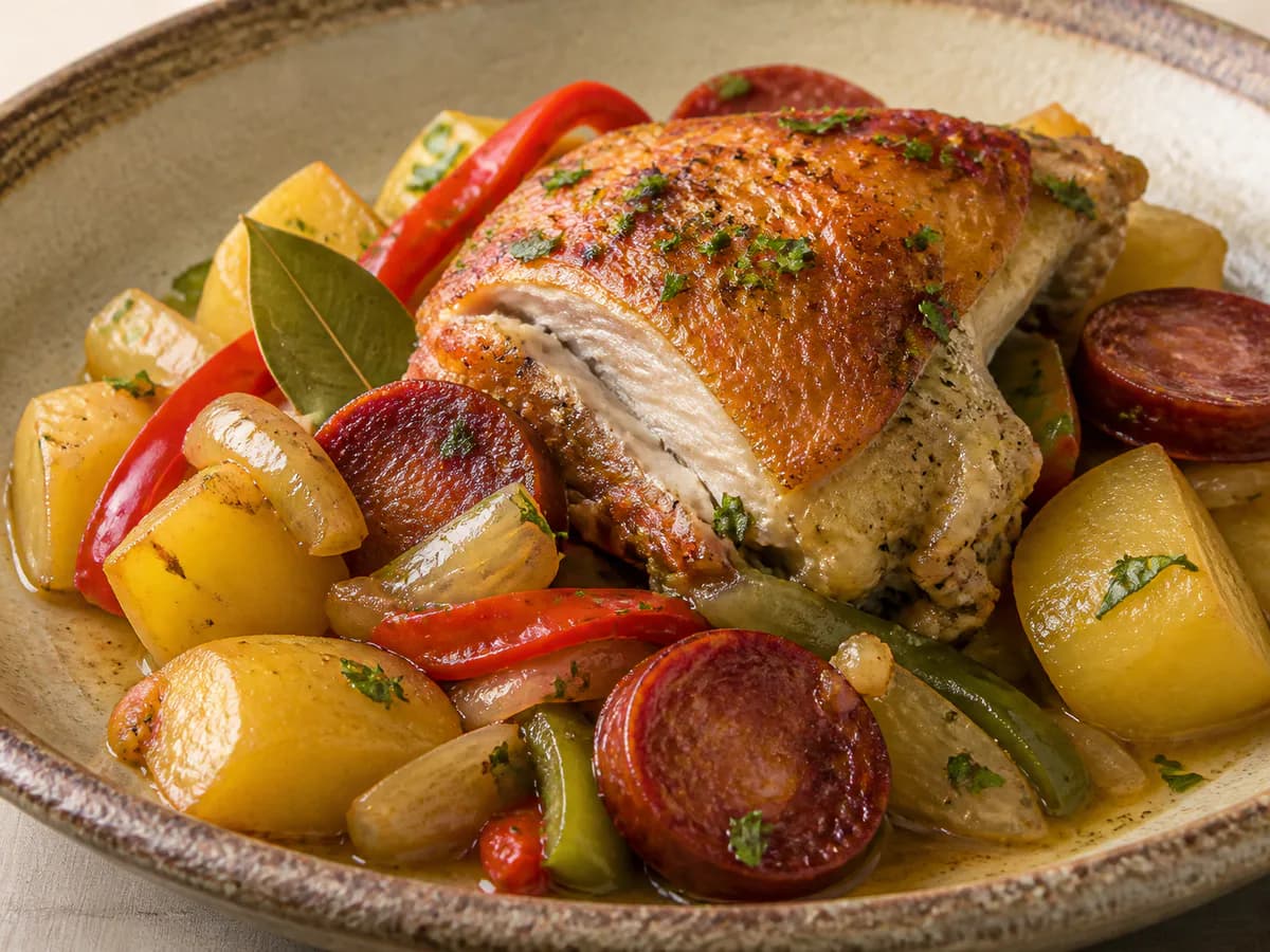 Pormenor de uma porção de Frango à Portuguesa