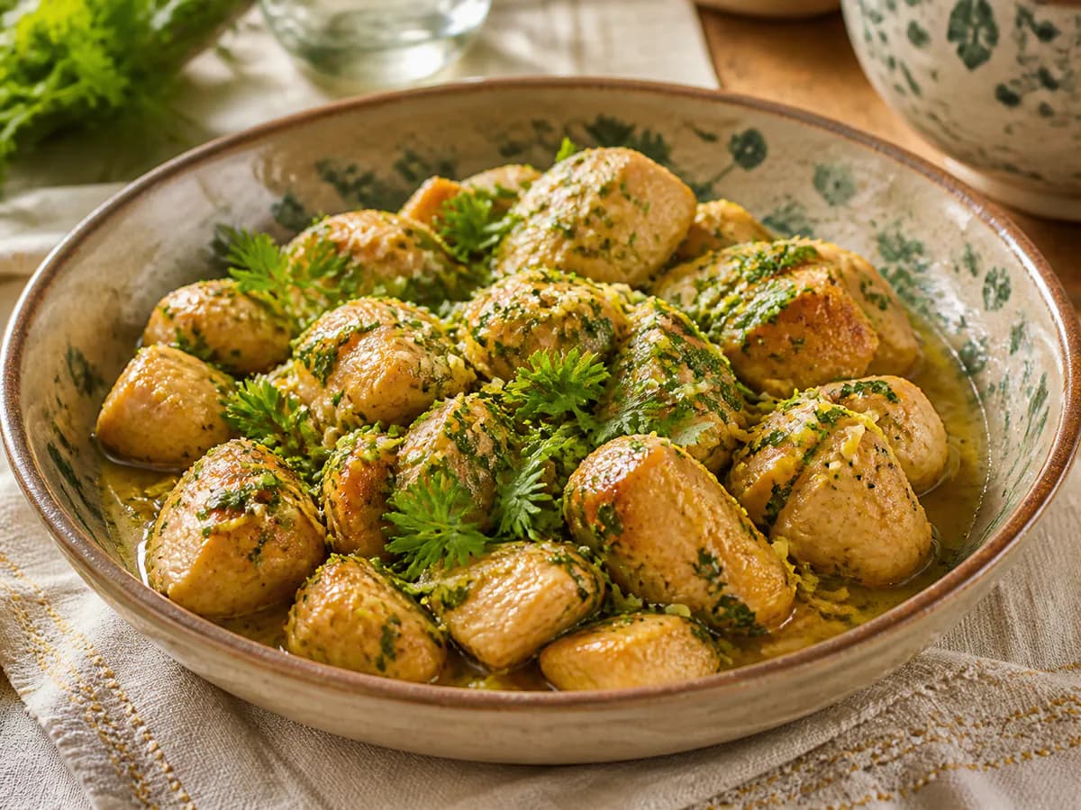 Pormenor de uma porção de Frango aos Cubos com Coentros
