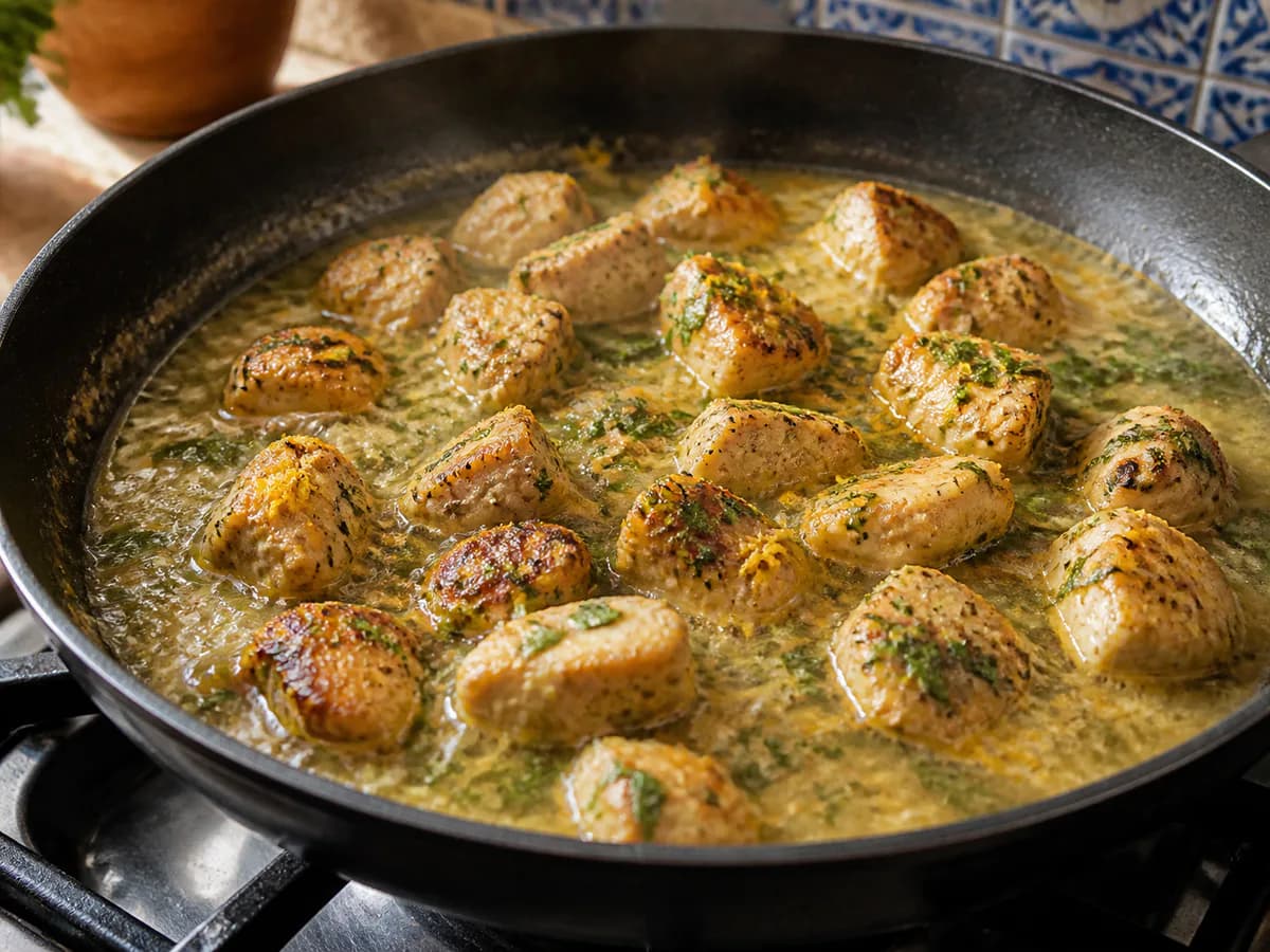 Preparação de Frango aos Cubos com Coentros durante a confeção