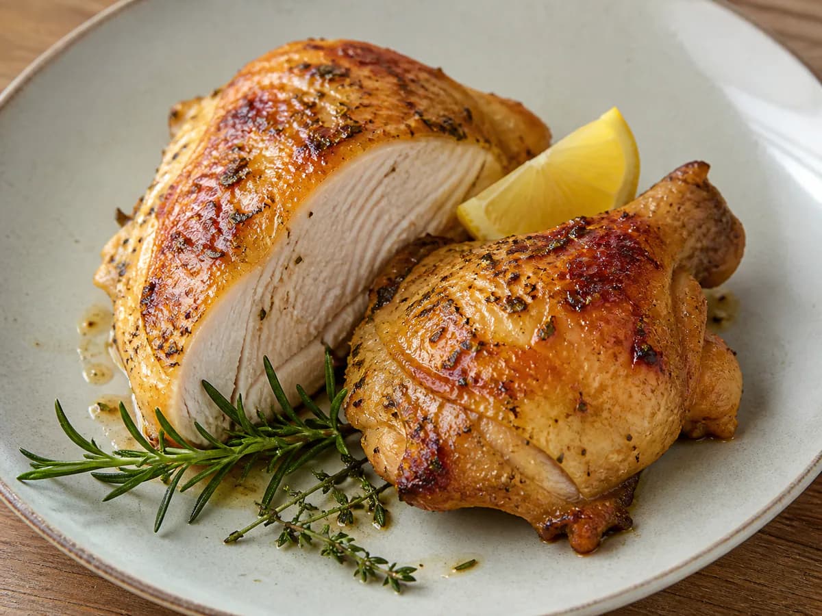 Pormenor de uma porção de Frango Aromático que Fica Delicioso