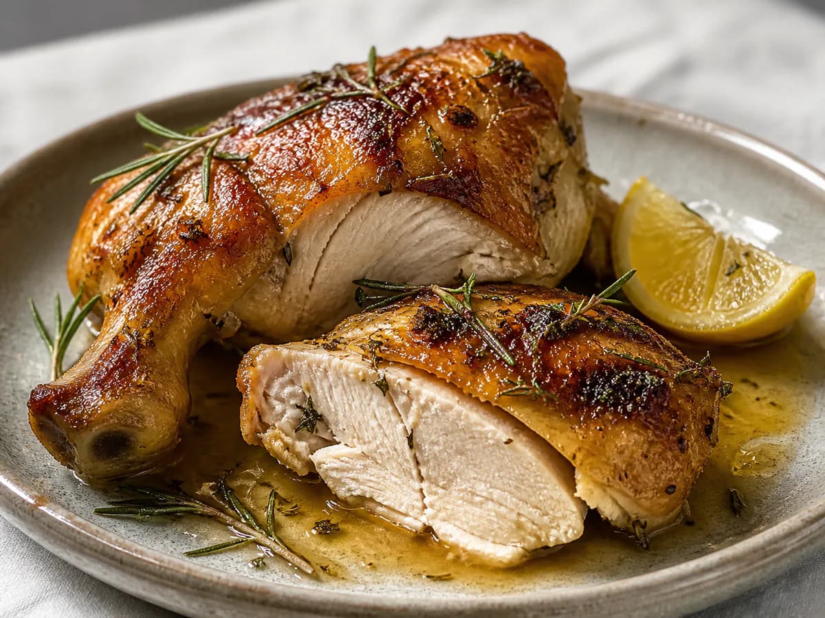 Pormenor de uma porção de Frango Assado com Alecrim e Tomilho