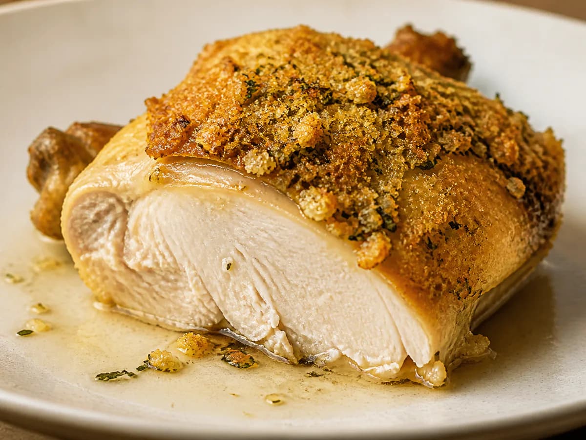 Pormenor de uma porção de Frango Assado Com Crosta de Citrinos