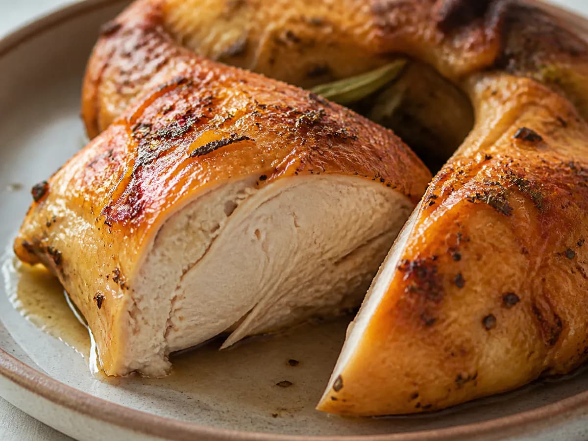 Pormenor de uma porção de Frango Assado com Cominhos, Orégãos e Louro