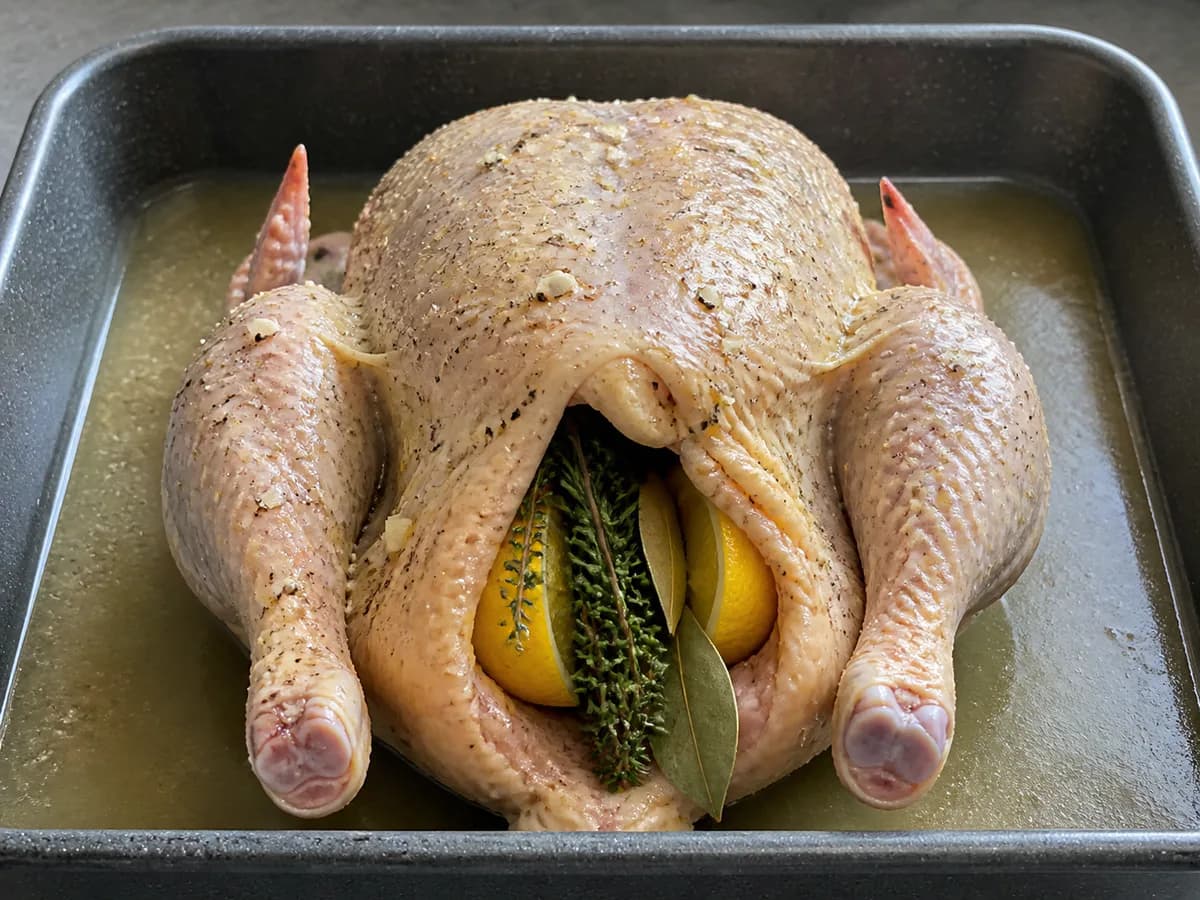 Preparação de Frango Assado no Forno com Ervas Aromáticas durante a confeção