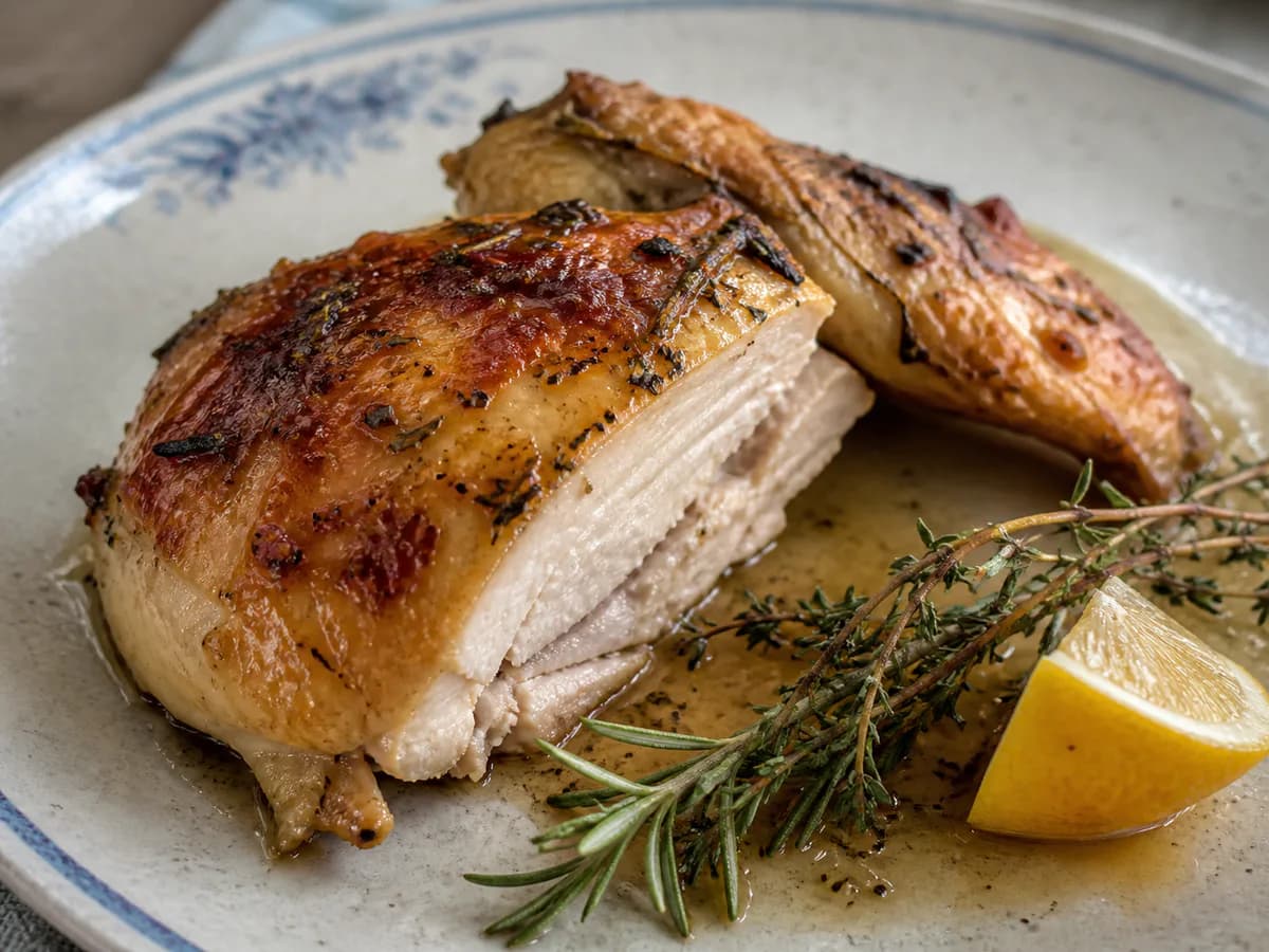 Pormenor de uma porção de Frango Assado no Forno com Ervas Aromáticas