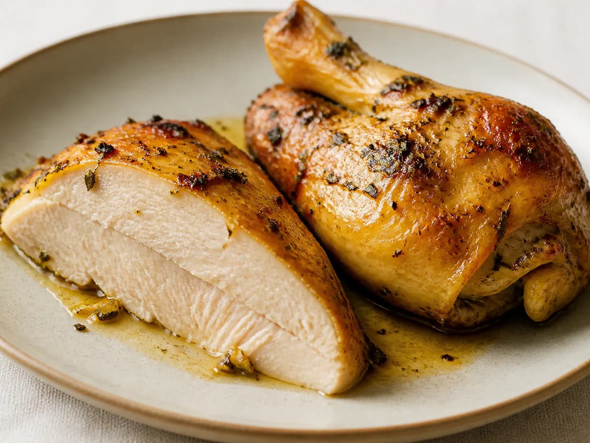 Pormenor de uma porção de Frango Assado no Forno com Orégãos