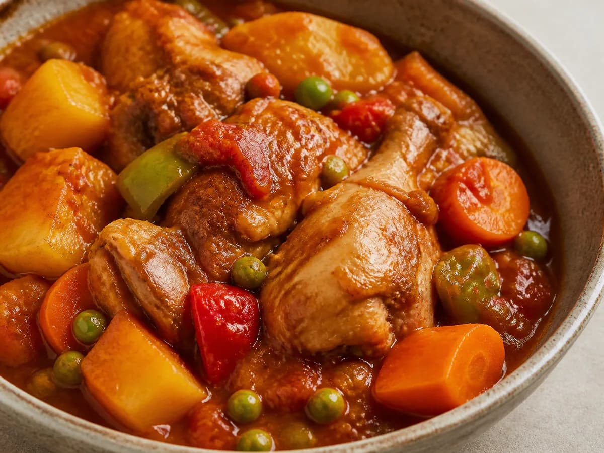 Pormenor de uma porção de Frango Campestre Guisado com Legumes