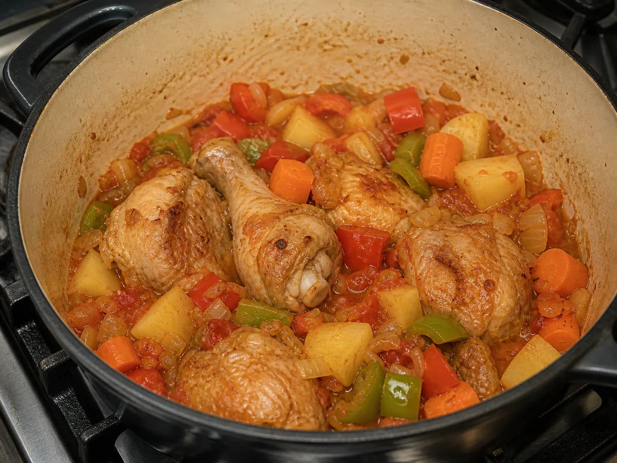 Preparação de Frango Campestre Guisado com Legumes durante a confeção