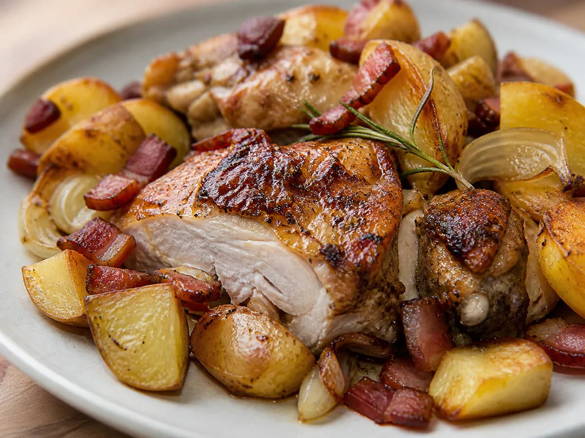 Pormenor de uma porção de Frango Assado com Bacon, Cerveja e Batatas Coradas