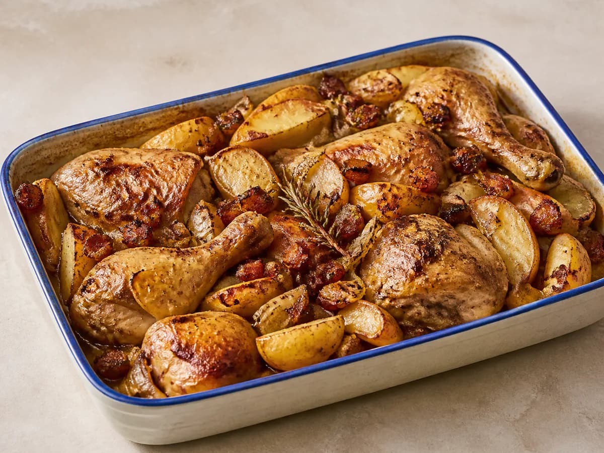 Frango Assado com Bacon, Cerveja e Batatas Coradas