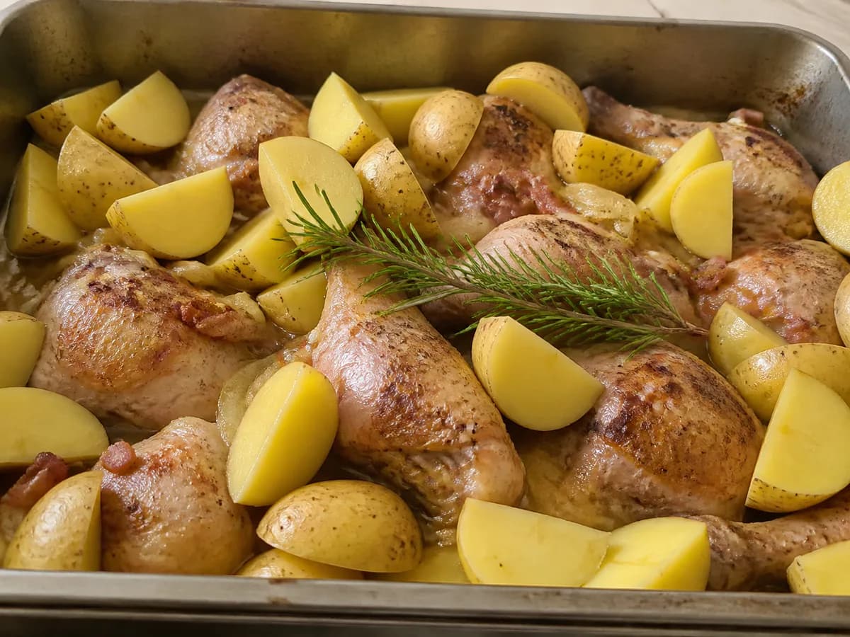 Preparação de Frango Assado com Bacon, Cerveja e Batatas Coradas durante a confeção