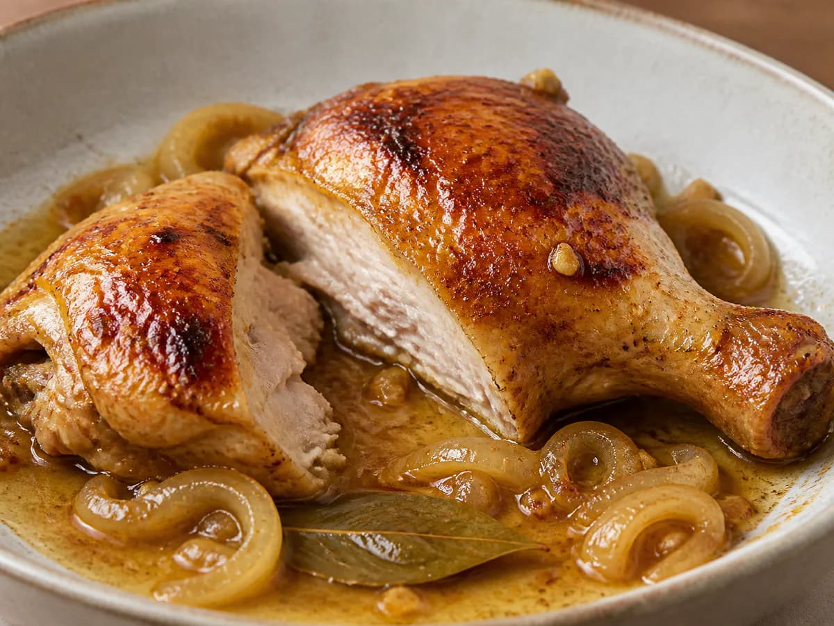 Pormenor de uma porção de Frango com Cerveja no Forno