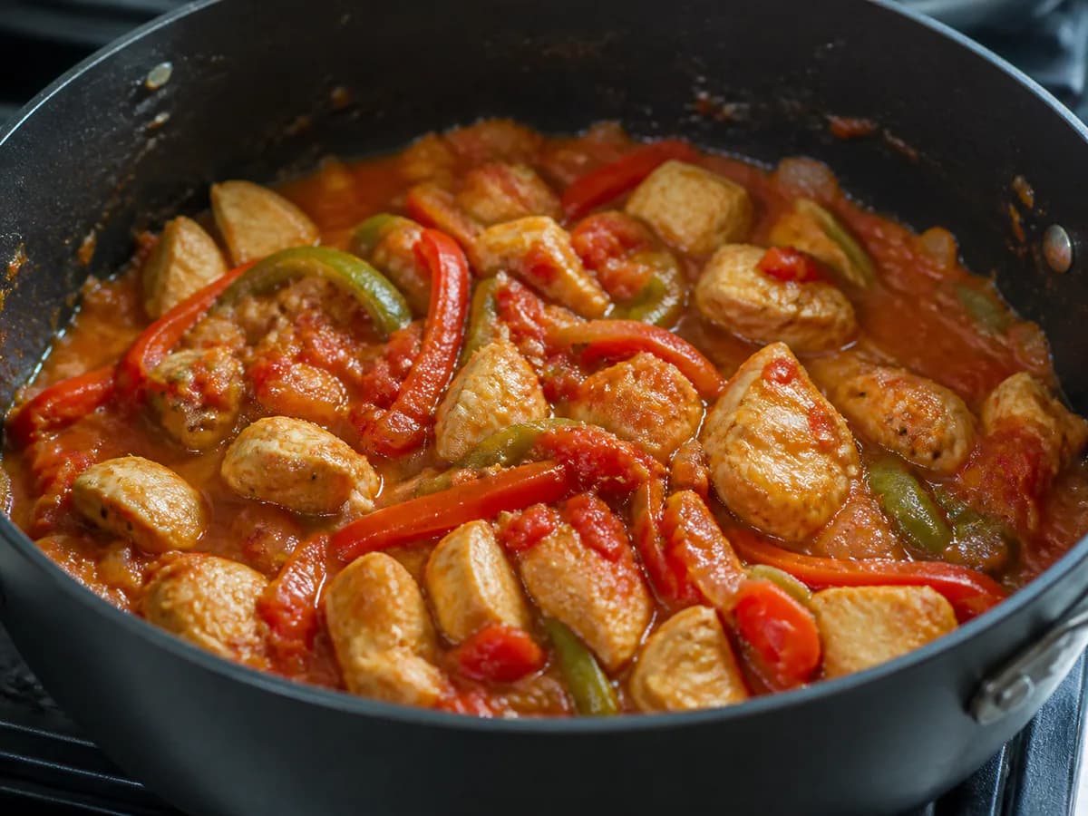 Preparação de Frango com Esparguete à Portuguesa durante a confeção