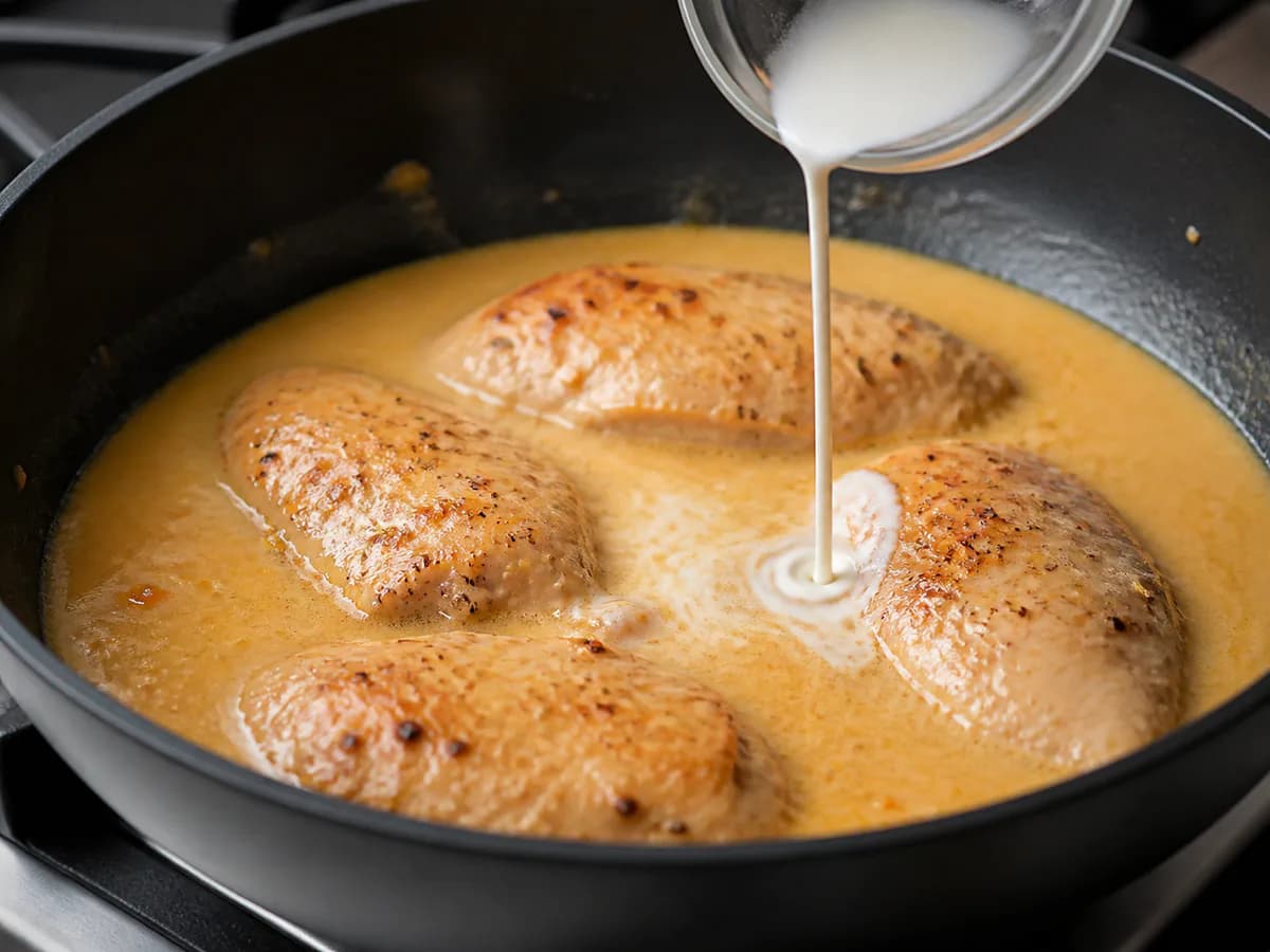 Preparação de Frango com Molho Cremoso de Tangerina durante a confeção