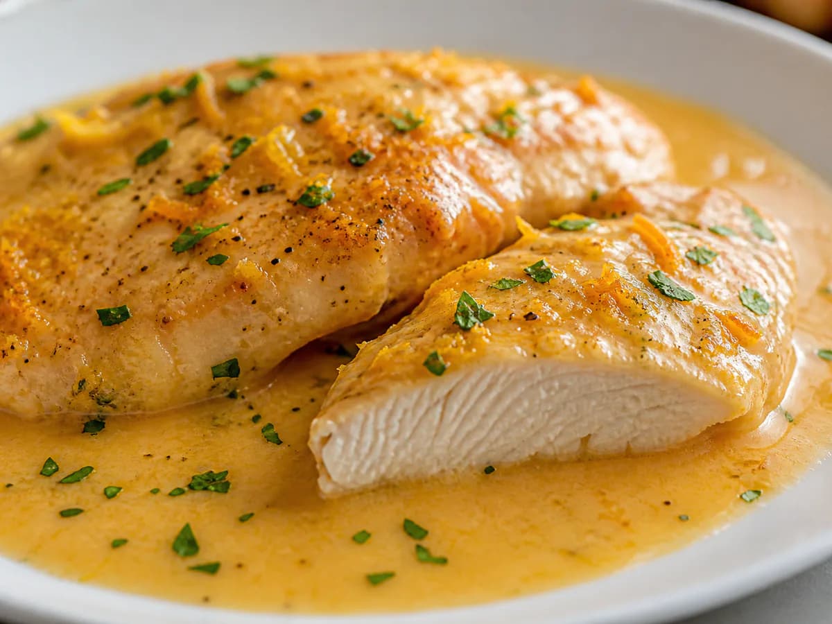 Pormenor de uma porção de Frango com Molho Cremoso de Tangerina