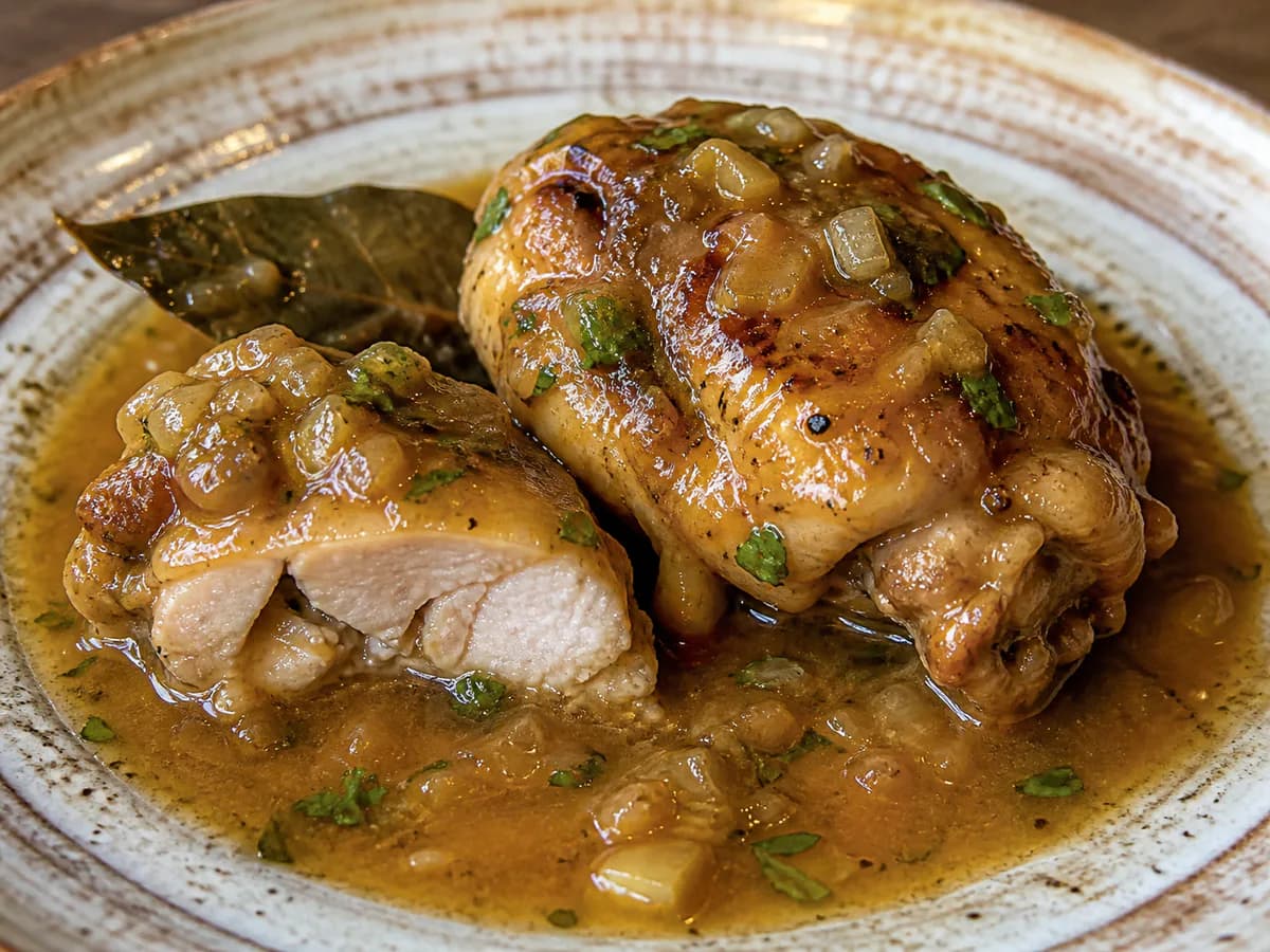 Pormenor de uma porção de Frango Corado à Portuguesa com Molho de Cerveja
