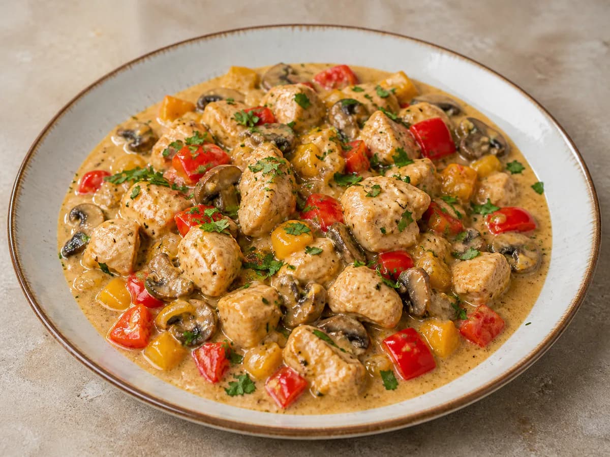 Frango Cremoso com Pimentos e Cogumelos