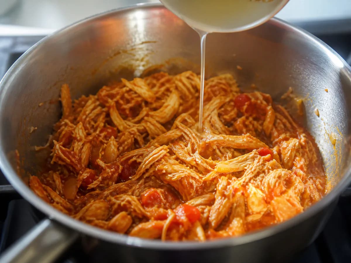 Preparação de Frango Desfiado com Tomate durante a confeção