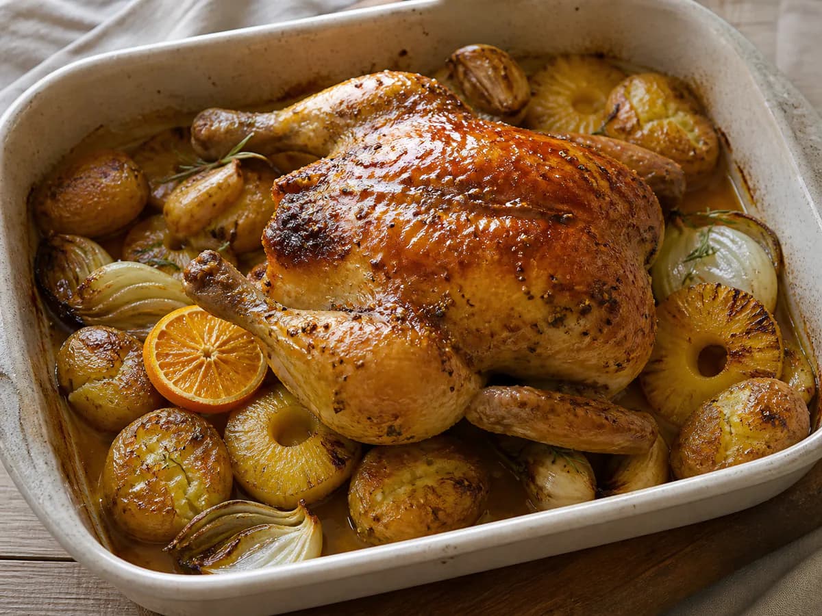 Frango do Campo Assado em Molho de Mostarda e Laranja com Abacaxi e Batata a Murro