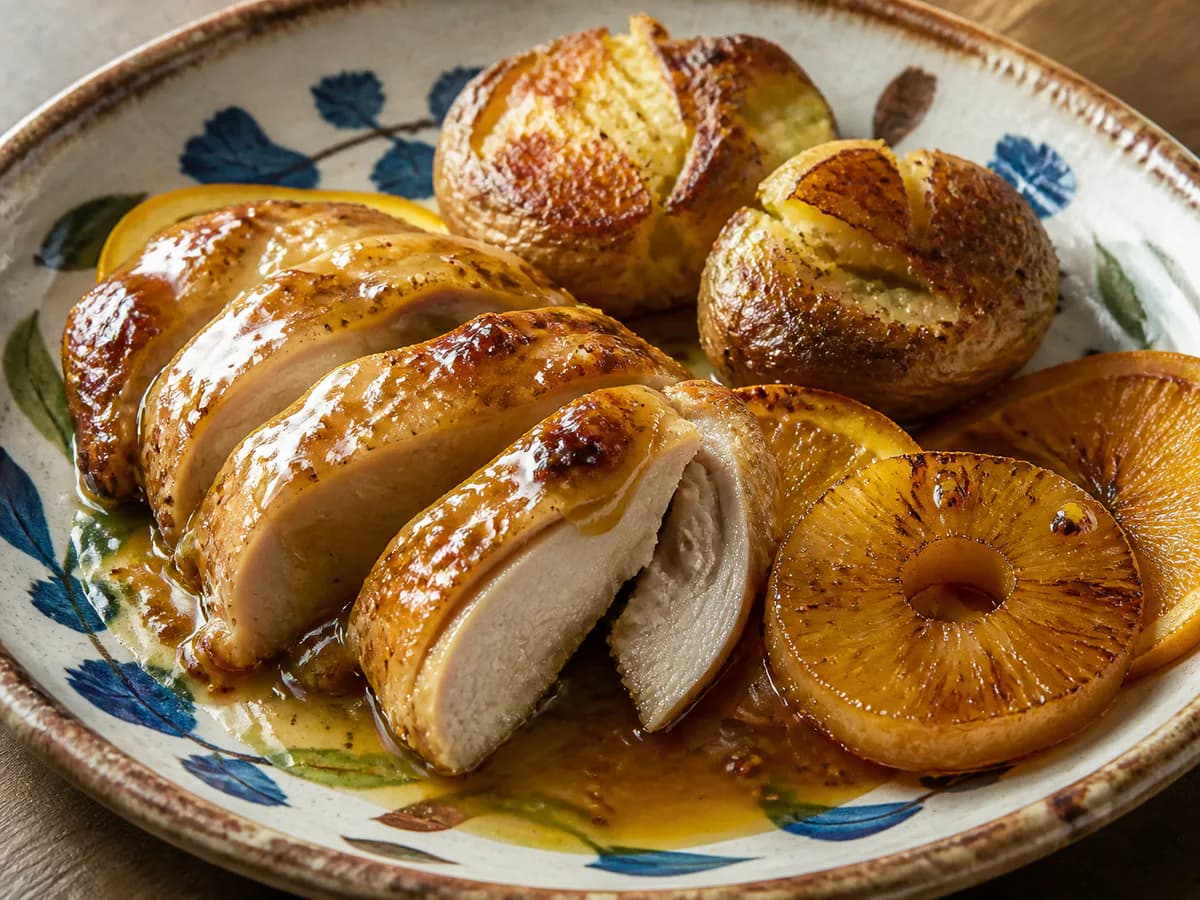 Pormenor de uma porção de Frango do Campo Assado em Molho de Mostarda e Laranja com Abacaxi e Batata a Murro