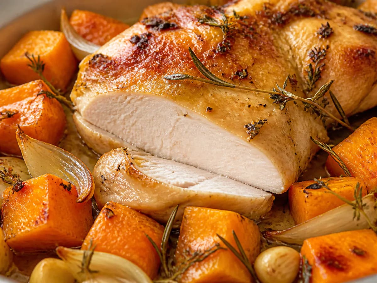 Pormenor de uma porção de Frango do Campo Assado no Forno com Abóbora e Ervas Aromáticas