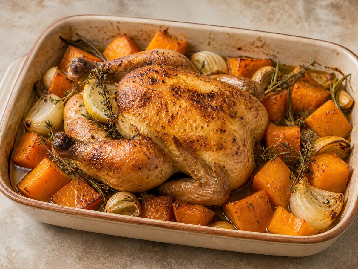 Frango do Campo Assado no Forno com Abóbora e Ervas Aromáticas
